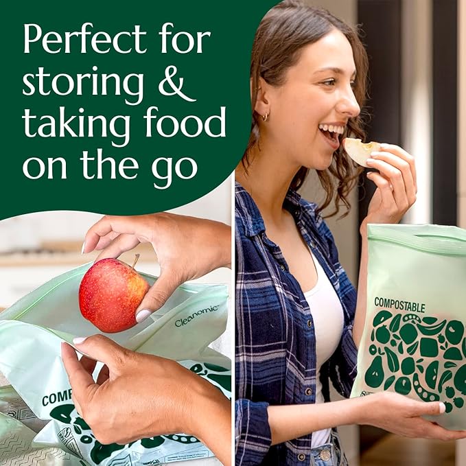 Cleanomic Compostable* Gallon Size Food Storage Bags (25 Eco Zip) Freezer and Leak Proof, Also Available Quart, Snack and Sandwich Bags