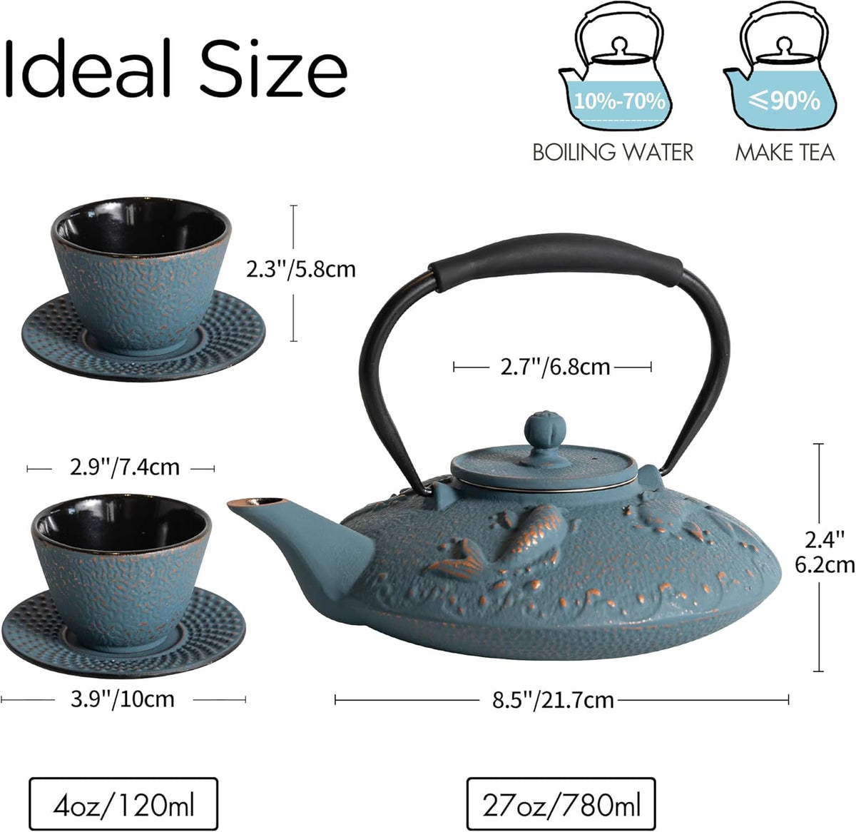Cast Iron Teapot Set with 2 Tea Cups, 7Pcs Japanese Tea Kettle with Stainless Steel Infuser, Tea Pot Coated with Enameled Interior, Fish Pattern, 27oz 780ml Navy Blue