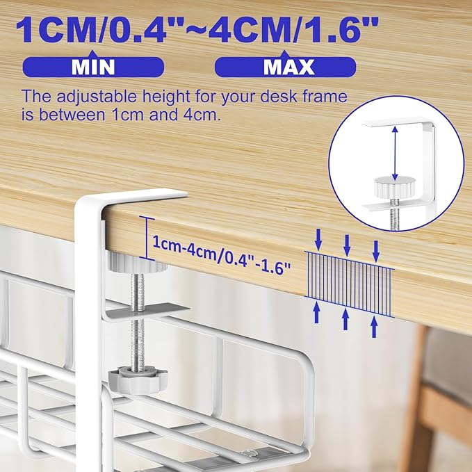 Under Desk Cable Management Tray, 15.7'' No Drill Steel Cable Tray Organizers, Wire Management Tray Cable Rack with Clamp Mount, Metal Under Desk Tray with Wire and Cord Organizer White（1pack