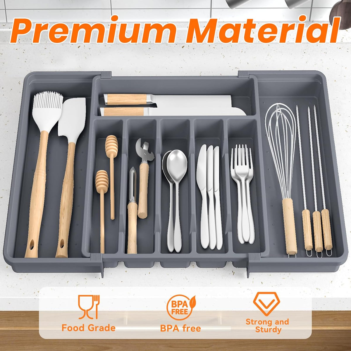 Large Silverware Organizer,Expandable Utensil Drawer Organizer,BPA Free Utensil Holder,Adjustable Silverware Tray Cutlery Drawer Organizer for Kitchen Flatware,Large,Grey,2 Pack