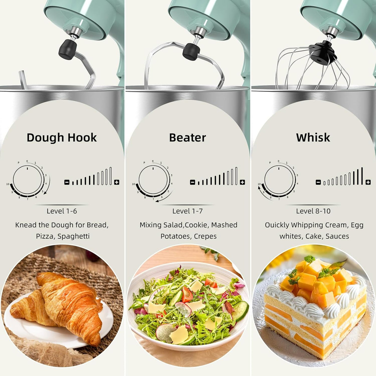 Electric Stand Mixer,10 Speeds Tilt-Head Food Mixer, 3-IN-1 Kitchen Mixer for Daily Cooks with Dishwasher-Safe 6QT Bowl,Dough Hook, Beater, Whisk (Agave Green)
