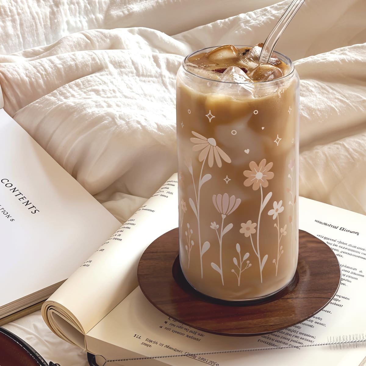 SANDJEST Flower Glass Can, Floral Cup with Lid & Straw, Iced Coffee Aesthetic Cups, Idea Gift for Christmas Birthday Mother Day, Gifts for Women, 16oz