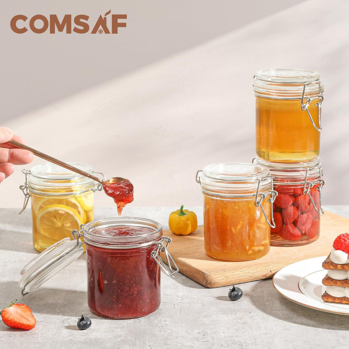 ComSaf 8oz Small Airtight Glass Jars Set of 12 with Lid Food Storage Jar Round, Mini Storage Container with Clear Preserving Seal Wire Clip Fastening for Kitchen Canning, Jam, Spice, Honey, Mason Jars