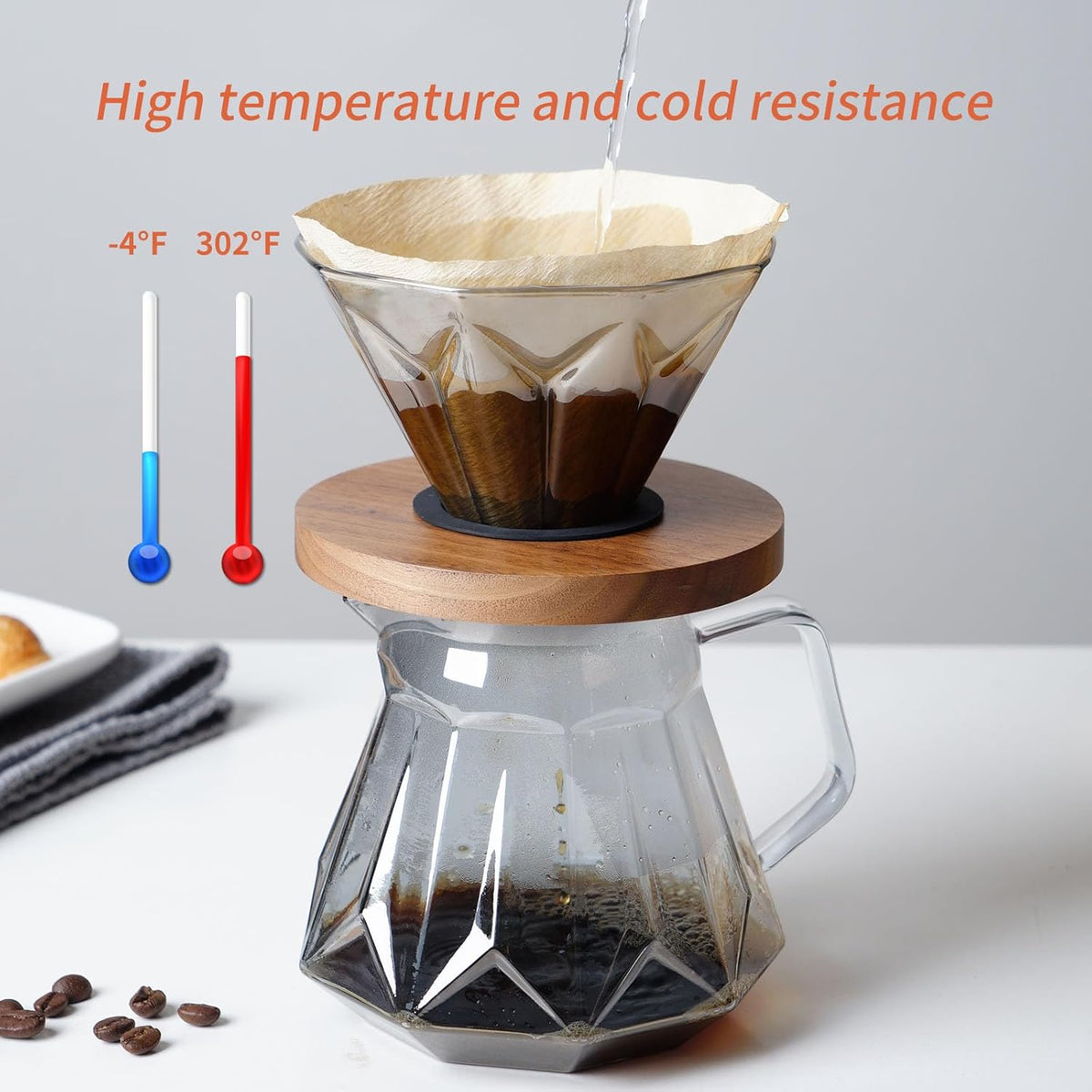 Pour Over Coffee Maker Set, 21 oz/620ml Glass Pour Over Coffee Dripper Filter Coffee Maker Kit Manual Grinder with Walnut Handle for Home Office Cafe Restaurant Camping (Grey)