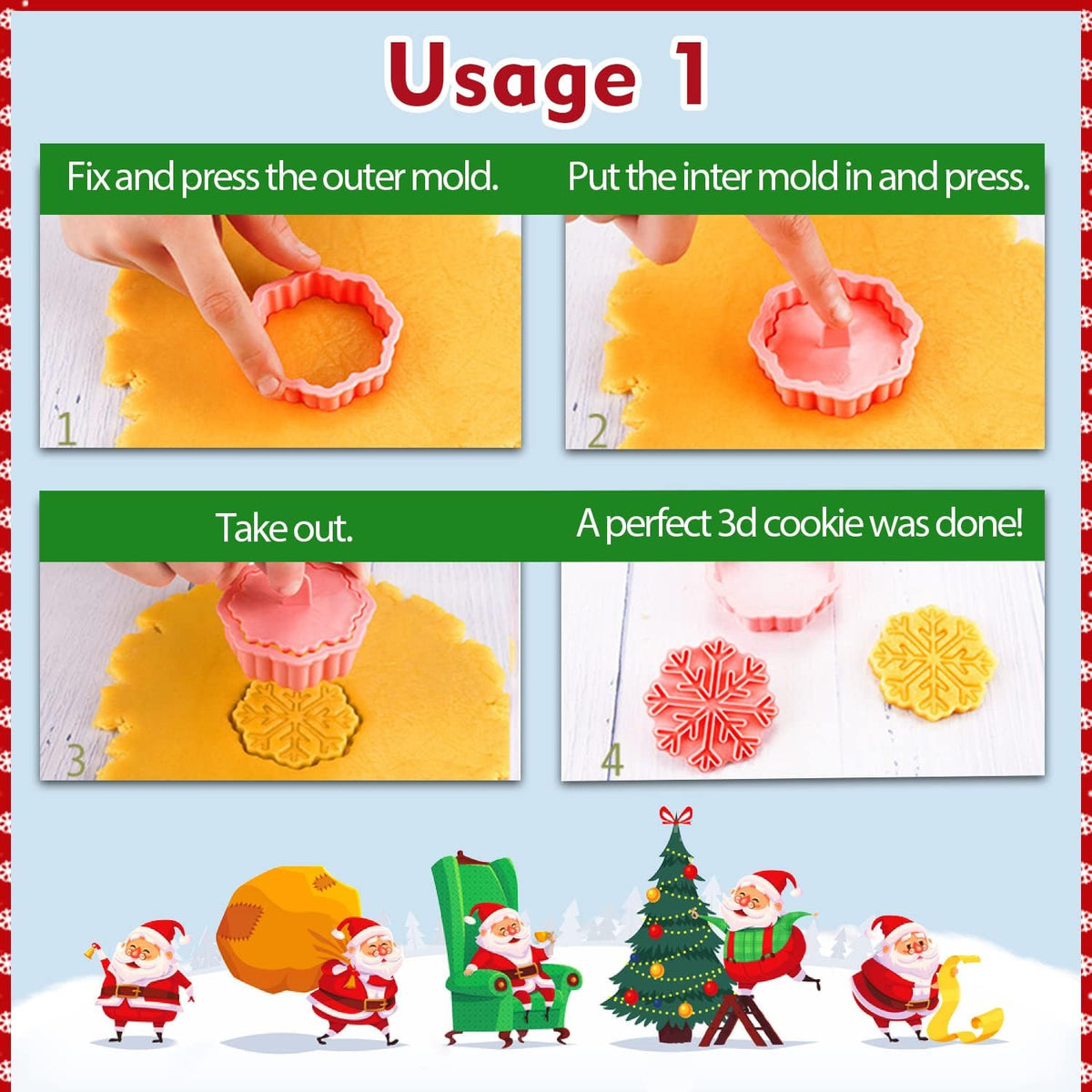 Leesgel Christmas Cookie Cutters, 3D Christmas Holiday Cookie Cutters Shapes with Santa/Xmas Tree/House/Deer, Christmas Party Decorations Ornaments