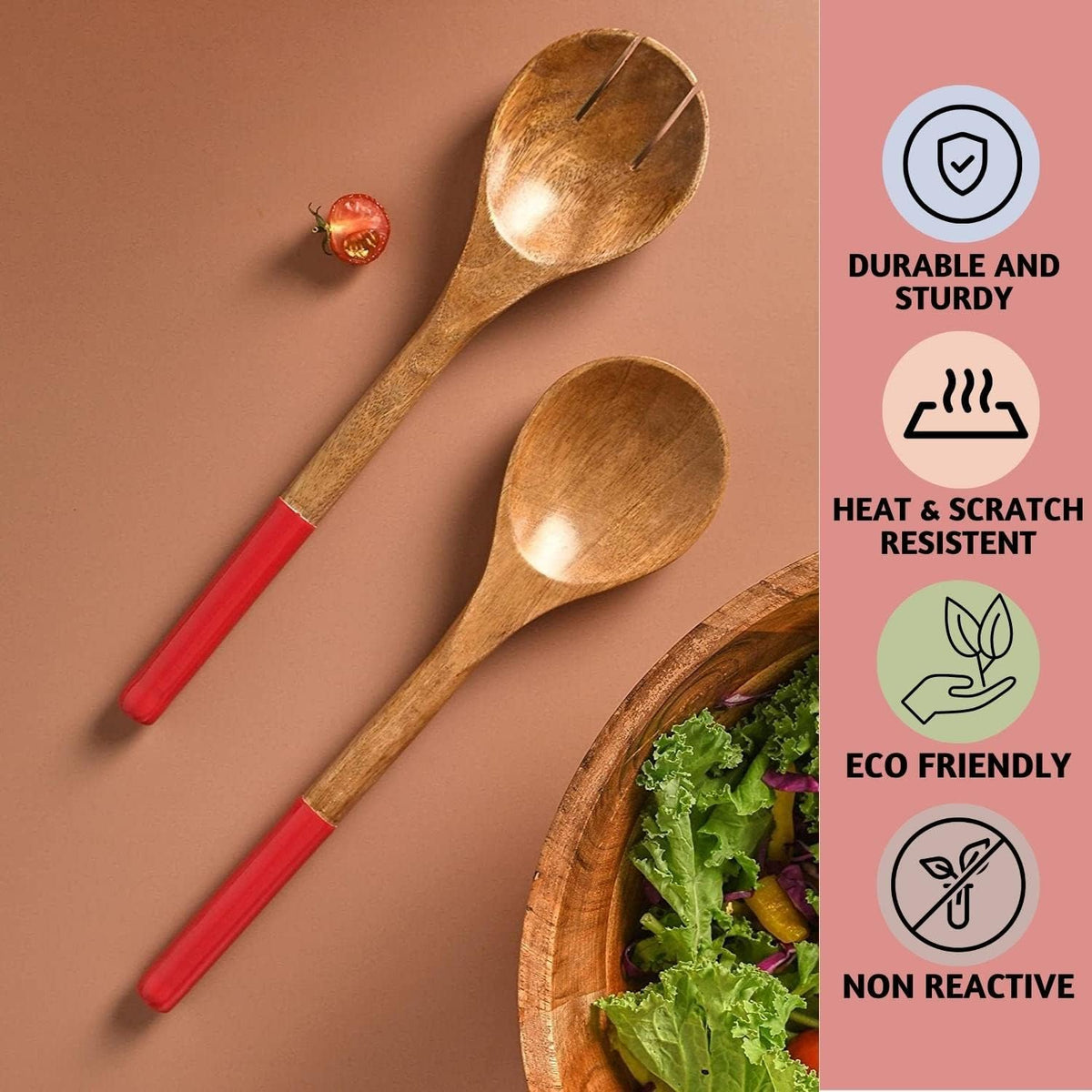 Folkulture Wooden Salad Serving Utensils or Salad Tongs, Salad Servers for Wooden Salad Bowl Set, Salad Tongs for Serving, Salad Hands for Kitchen Decor, 12-inch Spoon and Fork Set, Red
