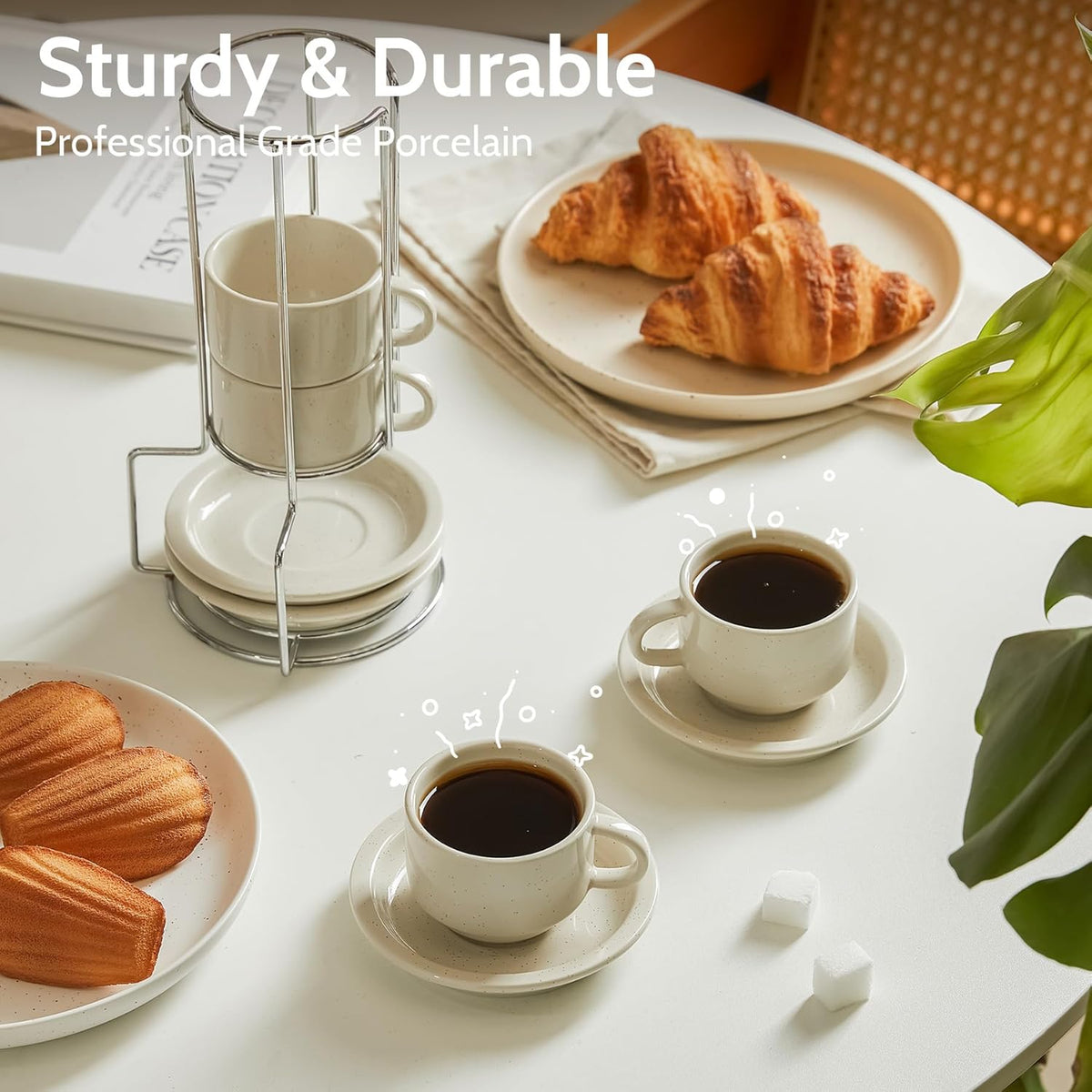 Sweese Porcelain Espresso Cups Set, 2.5 oz, with Saucers, Metal Stand, Stackable - Dove Grey, 4 Pack