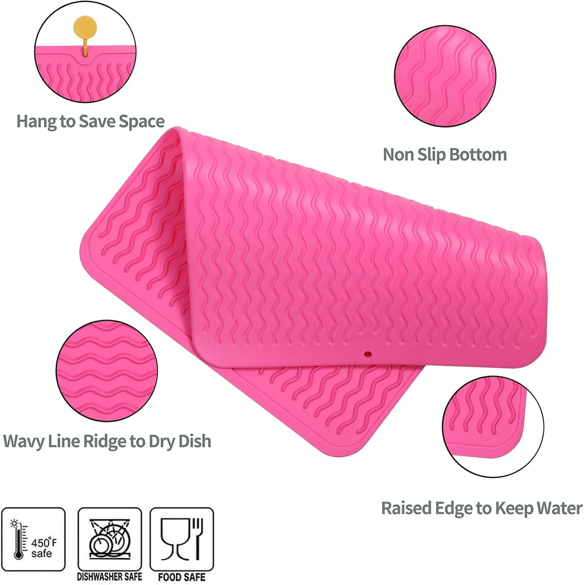 Silicone Dish Drying Mat for Multiple Usage,Easy clean,Eco-friendly,Heat-resistant Silicone Mat for Kitchen Counter or Sink,Refrigerator or drawer liner Rose L 16 inches x 12 inches
