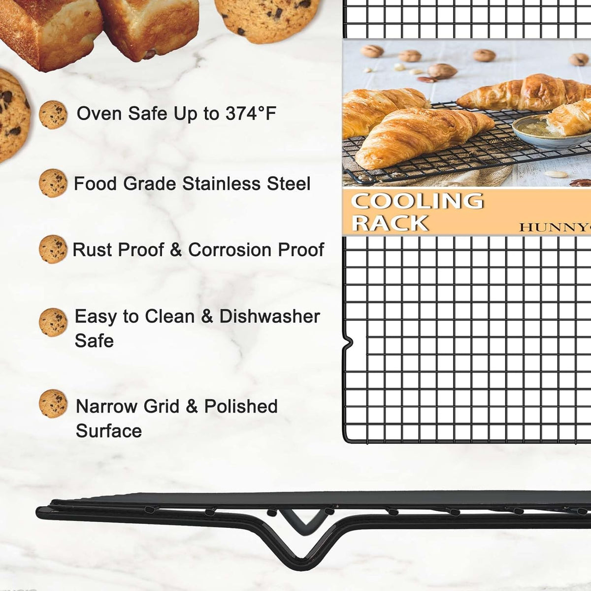 15.8”×9.8” Cooling Rack, 3P Stainless Steel Baking Rack, Oven Safe Cooling Racks for Cooking and Baking, Black Roasting Rack & Wire Rack & Cookie Cooling Rack for Roasting, Grilling, Drying