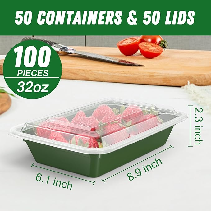 50 Pack (100-Piece) 32 oz Meal Prep Containers Reusable with Easy Open Lids, Sturdy Leakproof Food Safe, Microwave Freezer Dishwasher Safe, To Go Take Out Plastic Food Storage Pans with Lids, Green