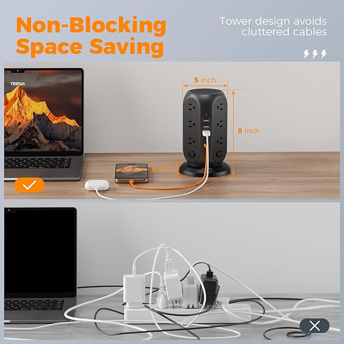 Black Surge Protector Power Strip with 4 Individual Switches, TESSAN USB C Charging Station Power Tower with Flat Extension Cord 10 Ft, 12 Outlets Black Extension Cord, Dorm Room, Office Accessories