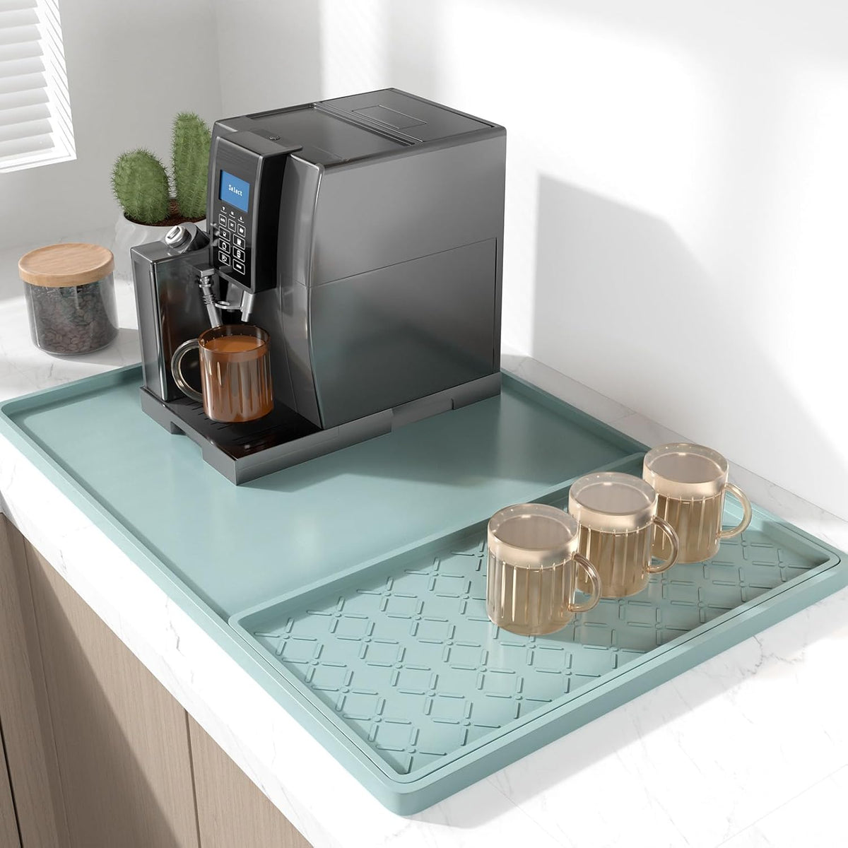 Rnivvi Silicone Coffee Mat, 16" x 24" Waterproof Raised Edge Coffee Bar Mats for Espresso Machine Station Accessories, Heat Resistant Detachable Dish Drying Pad for Kitchen Counter, Shadow Green