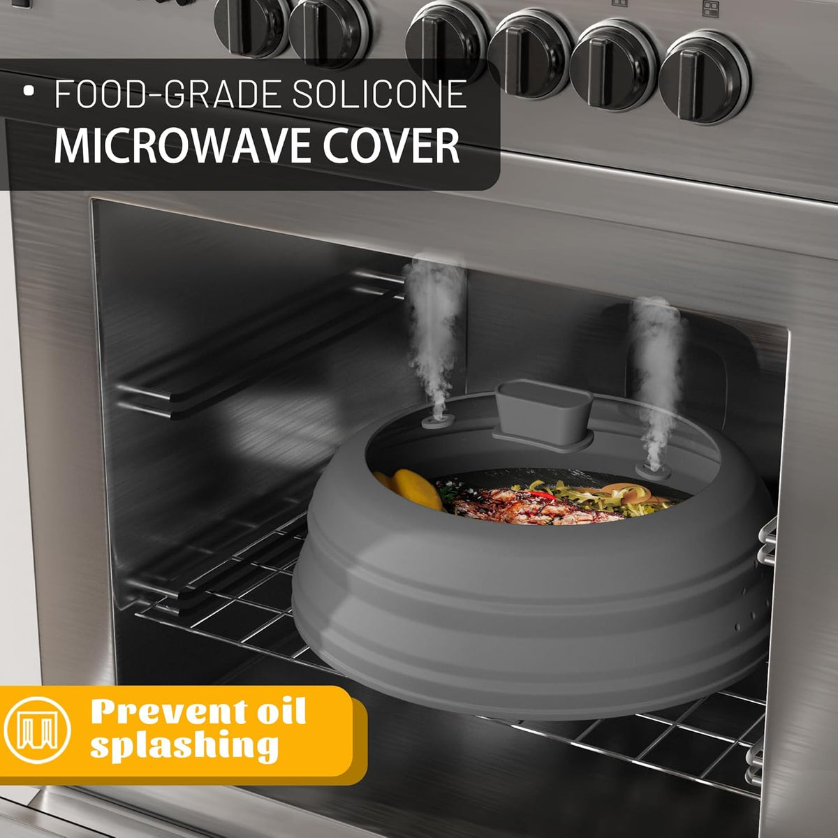 Microwave Splatter Cover, Vented Silicone and Glass Cover Splatter Guard Lid, Food Collapsible Plate Cover Lid with Easy Grip Handle. (Gray, 10.8 inch)