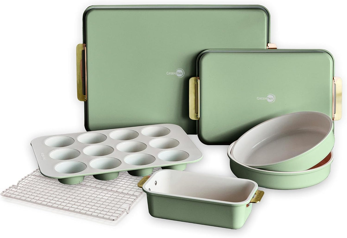 GreenPan Bakeware Set, 7 Piece Nonstick Ceramic Gold Handle Baking Sheets, Cake Pans, Loaf Pan, Muffin Tin, Cooling Rack, PFAS & BPA Free, Freezer to Oven Dish, Bake & Roast Ovenware, Sage Green