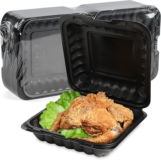 FRESHPAK Takeout Containers Mineral Filled PP - 55 Pack 8x8 34 oz Shrink Wrap BPA Free Plastic | Stackable Meal Prep Clamshell Food Container | Reusable Microwave Safe Leftovers | Catering Lunch Box