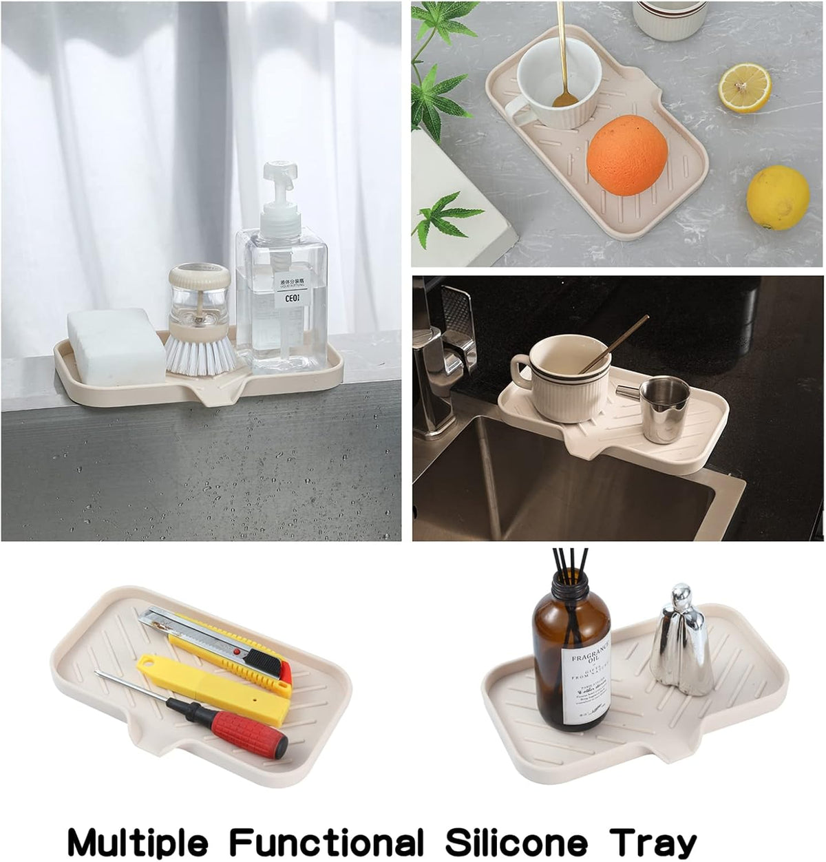 Silicone Bathroom Soap Dishes with Drain Spout-Bathroom and Kitchen Sink Organizer,Sponge Holder,Dish Soap Tray,Perfect for Dispenser,Scrubber,Bottle,Cup on Sink or Counter-Tapioca 9.6"×5.3"