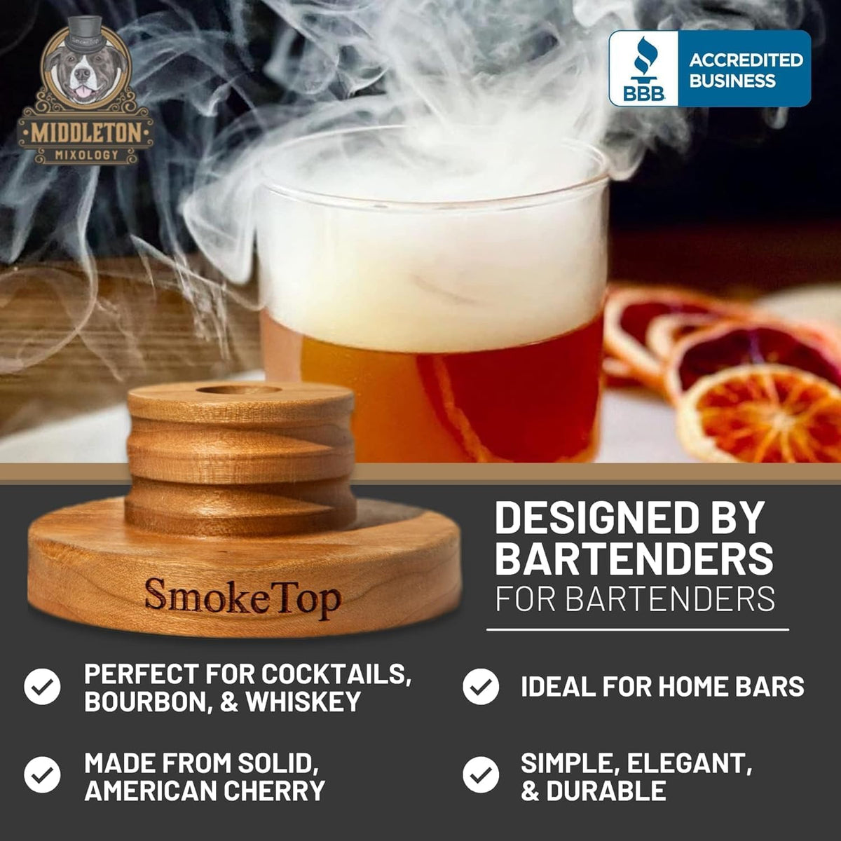 SmokeTop Cocktail Smoker Kit - Old Fashioned Chimney Drink Smoker for Cocktails, Whiskey, & Bourbon With Sample Pack Of Wood Chips - by Middleton Mixology