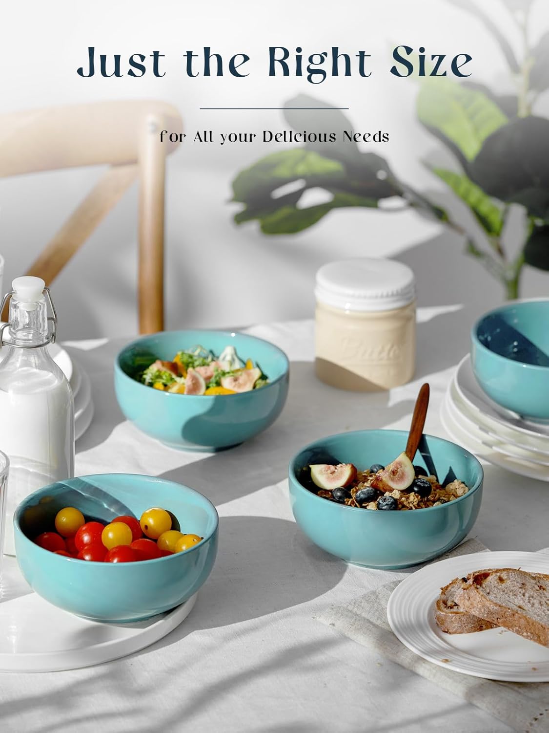 DOWAN 22 OZ Ceramic Soup Bowls & Cereal Bowls - 6" Classic Bowls Set of 4 for Soup, Cereal, Oatmeal, Fruit, Rice - Dishwasher & Microwave Safe (Turquoise)