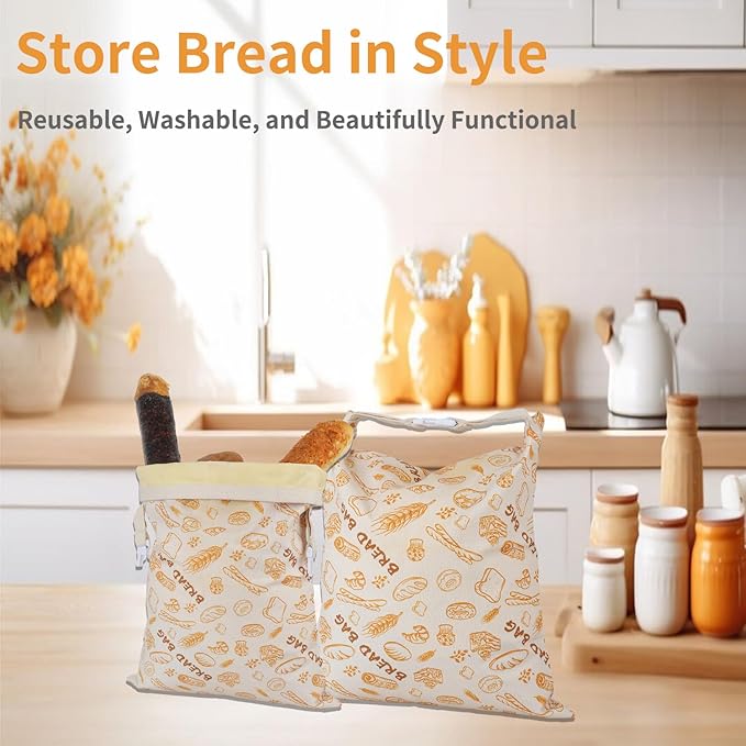 Reusable Bread Bag with Beeswax Lining – 2 Pack XL Cotton Bread Storage Bag for Homemade Sourdough, Baguette, Loaves – Eco-Friendly Waxed Food Wrap for Kitchen & Freezer