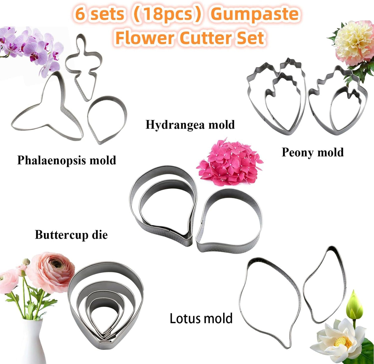 KALAIEN 6 Set Gumpaste & Fondant Flower Cookie Cutter Set - 18pcs for Wedding & Birthday Cake Decorating