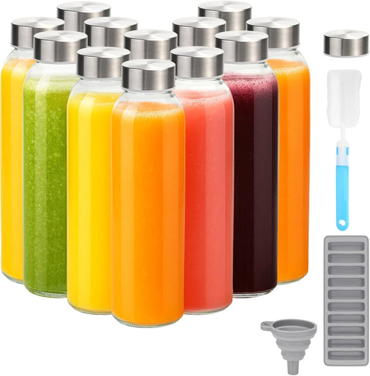 Zukro Glass Water Bottles with Lids 18 oz, 12 Pack Reusable Juice Bottles With Stainless Steel Airtight Cap for Juicing, Leak Proof Clear Drinking Jar Beverage storage container for Fridge, BPA Free