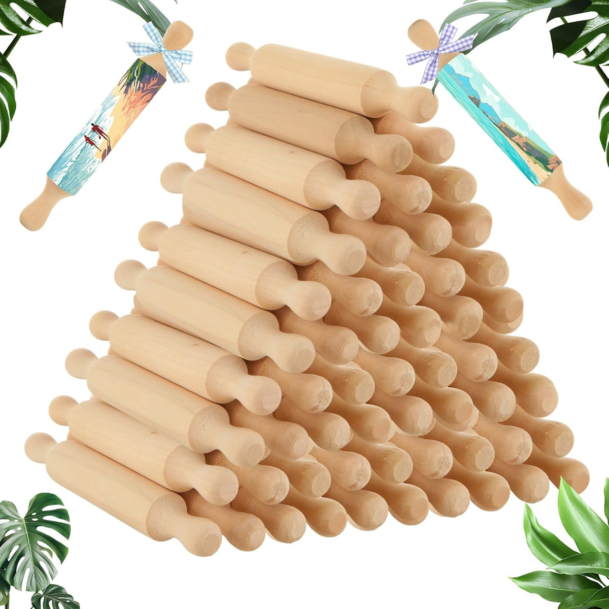 50Pcs Wooden Mini Rolling Pin, 5.5 Inches Mini Rolling Pin for Crafts, Small Dough Rolling Pins for Imaginative Play and Baking Pastry Pizza Cookie Create, Halloween and Christmas Presents