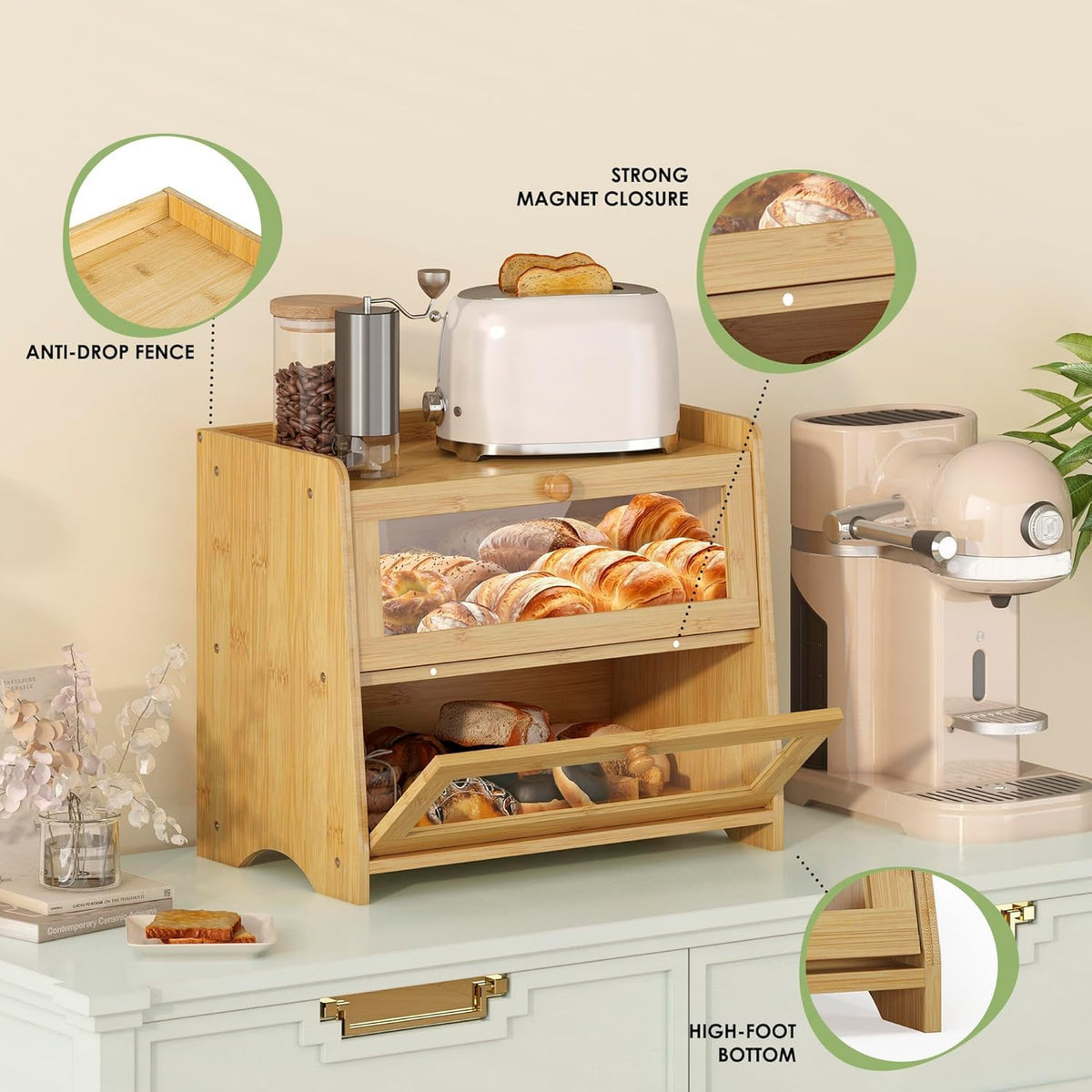 Double Layer Bread Box for Kitchen Countertop, Large Breadbox Bread with Windows, Wooden Farmhouse Bread Holder (Natural Bamboo)