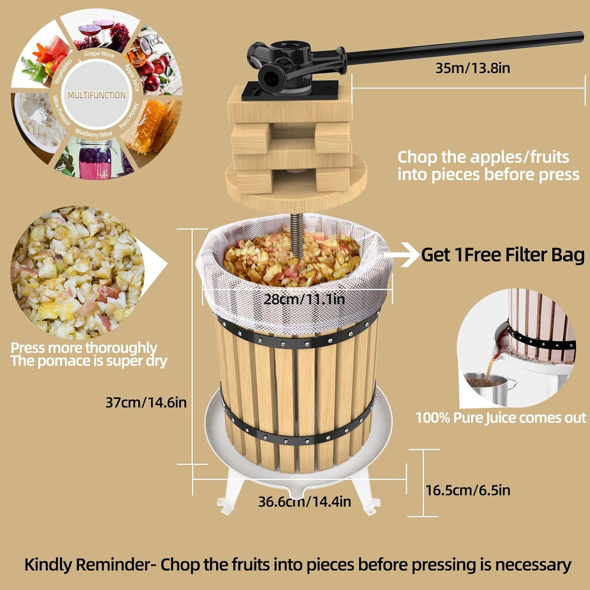 SQUEEZE master Fruit Press-4.75Gallon/18L-Solid Wood Basket Wine Press-Vintage traditional juicer-6 Press Wooden Blocks-Pole Handle Bar for Juice,Wine,Cider-1 free filter bag included