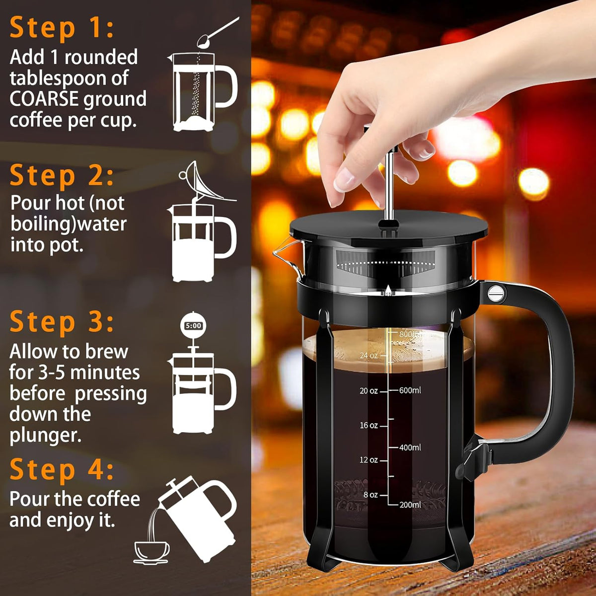 French Press Coffee Maker 304 Stainless Steel Coffee Press,with 4 Filters System, Heat Resistant Thickness Borosilicate French Press Glass, BPA-Free Brewed Tea Pot Coffee Plunger(Copper 12oz)