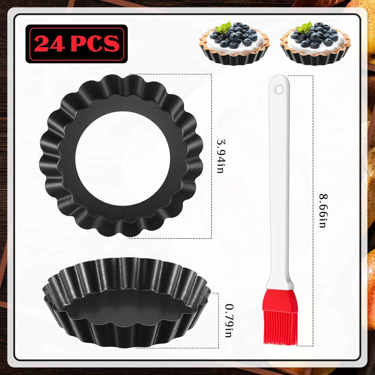 24 Pieces Mini Tart Pans with Removable Bottom 4 Inch Round Nonstick Quiche Pan Fluted Sided Tart Tins Non Stick Small Tart Mold for Kitchen Baking Pies, Tartlets, Mousse Cakes, Muffins