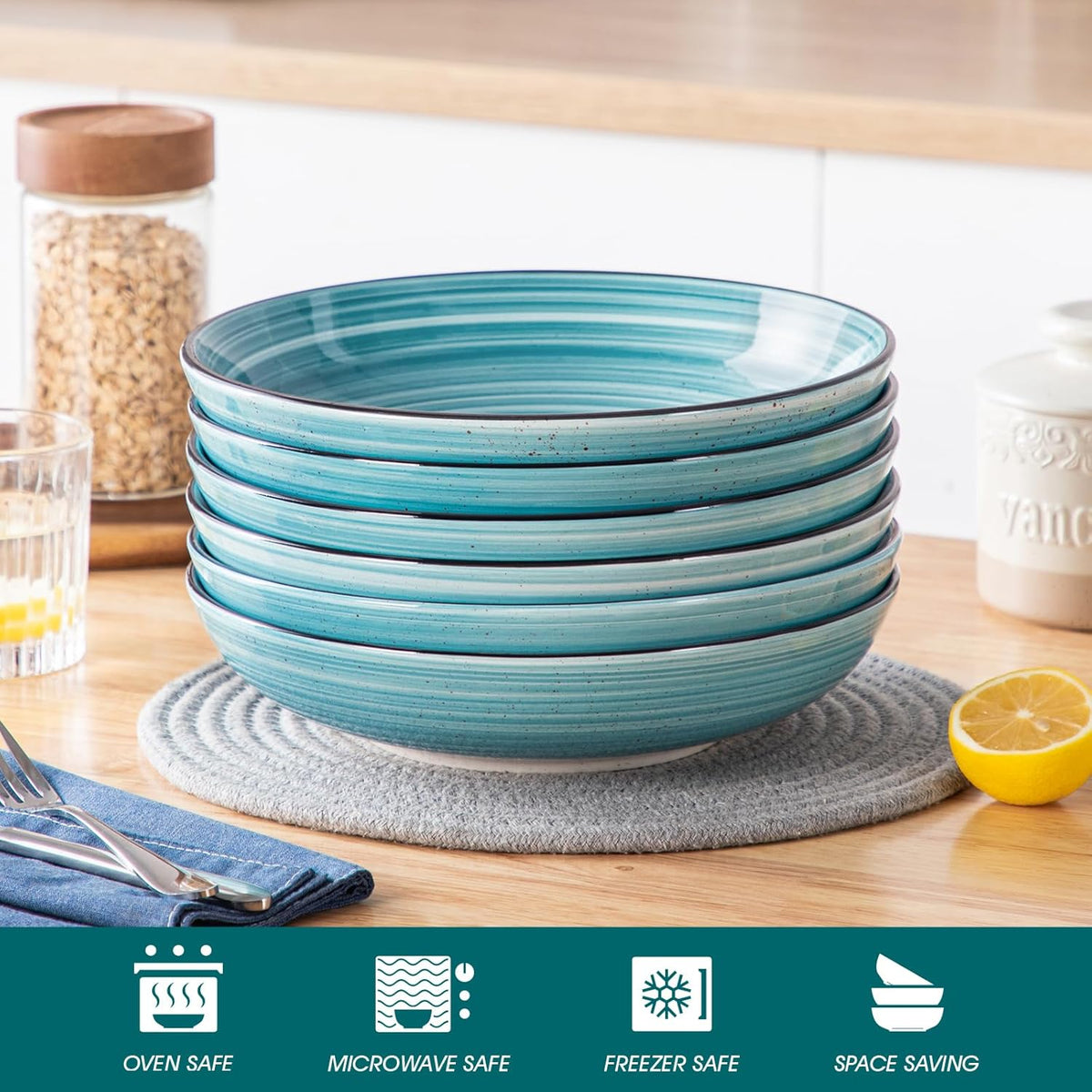 vancasso Bonbon Large Pasta Bowls Set of 6, 50 Oz Ceramic Salad Bowls, Wide and Shallow Bowls Set, Large Serving Bowls for Kitchen, Blue