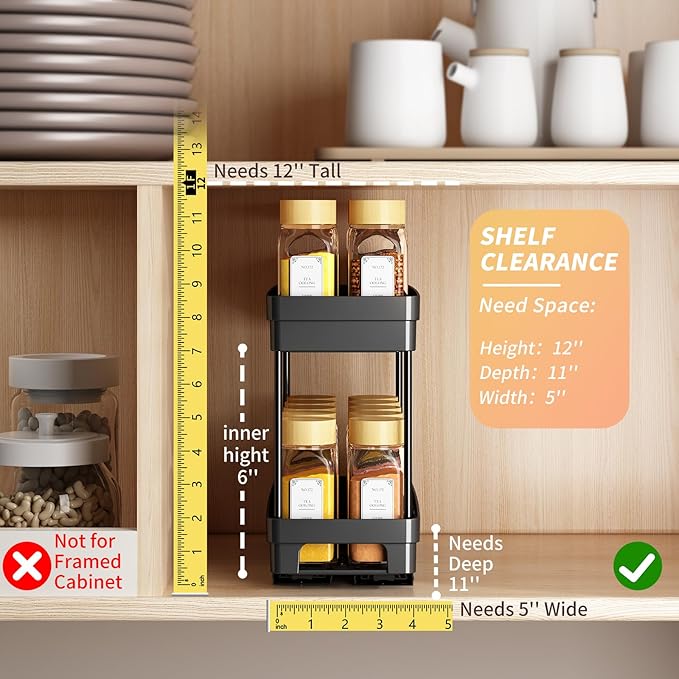 2 Pack Pull Out Spice Rack Organizer for Cabinet, 2Tier Slide Out Spice Racks Organizer, Spice Cabinet Organizers, Cabinet Size Need:12'' Highx11'' Deepx5'' Wide, Upgraded-Black