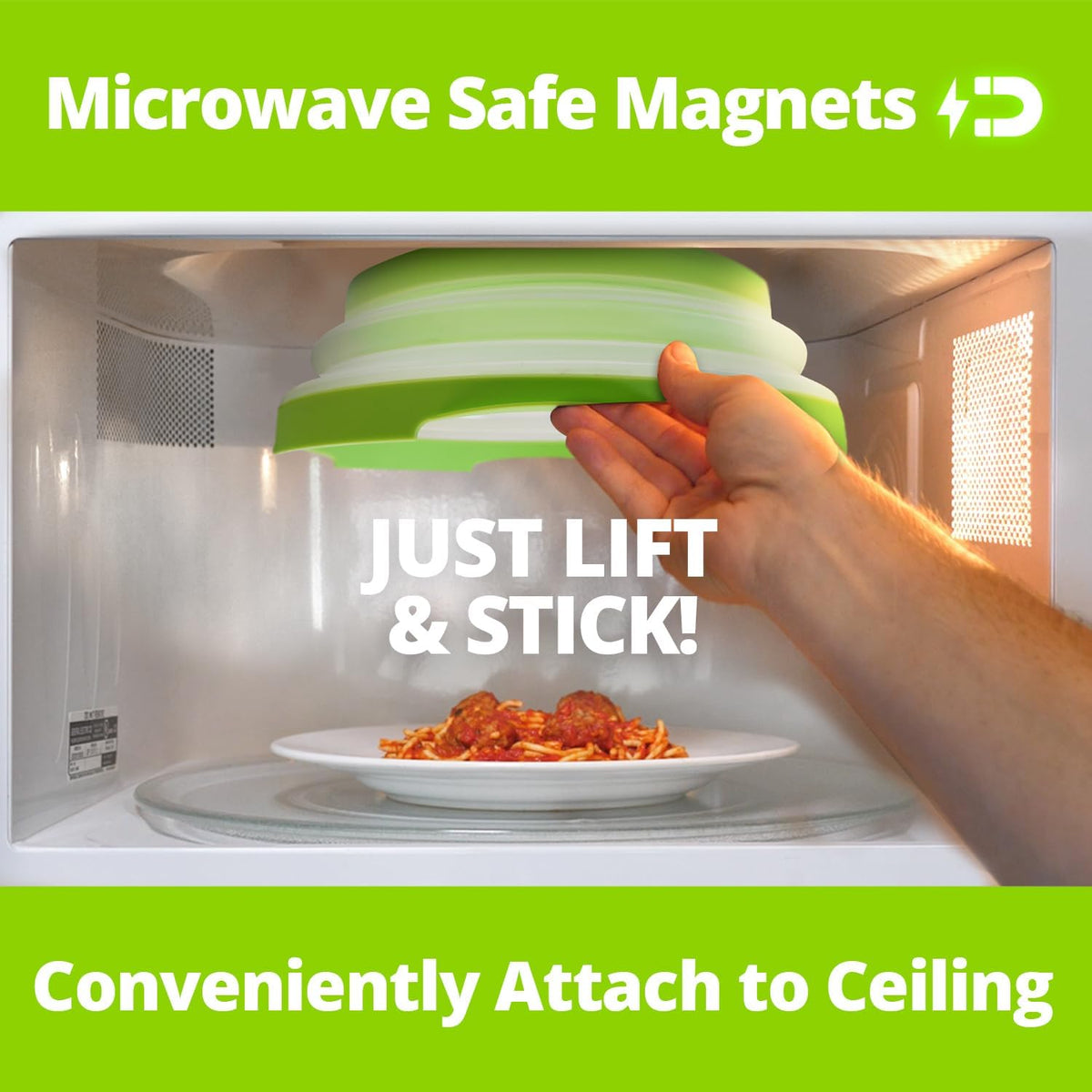 2.0 Magnetic Microwave Splatter Cover, Collapsible 12-Inch BPA-Free Food Lid with Upgraded Magnets, Vented Plate Guard, Dishwasher Safe, Space-Saving Magnetic Storage - Green