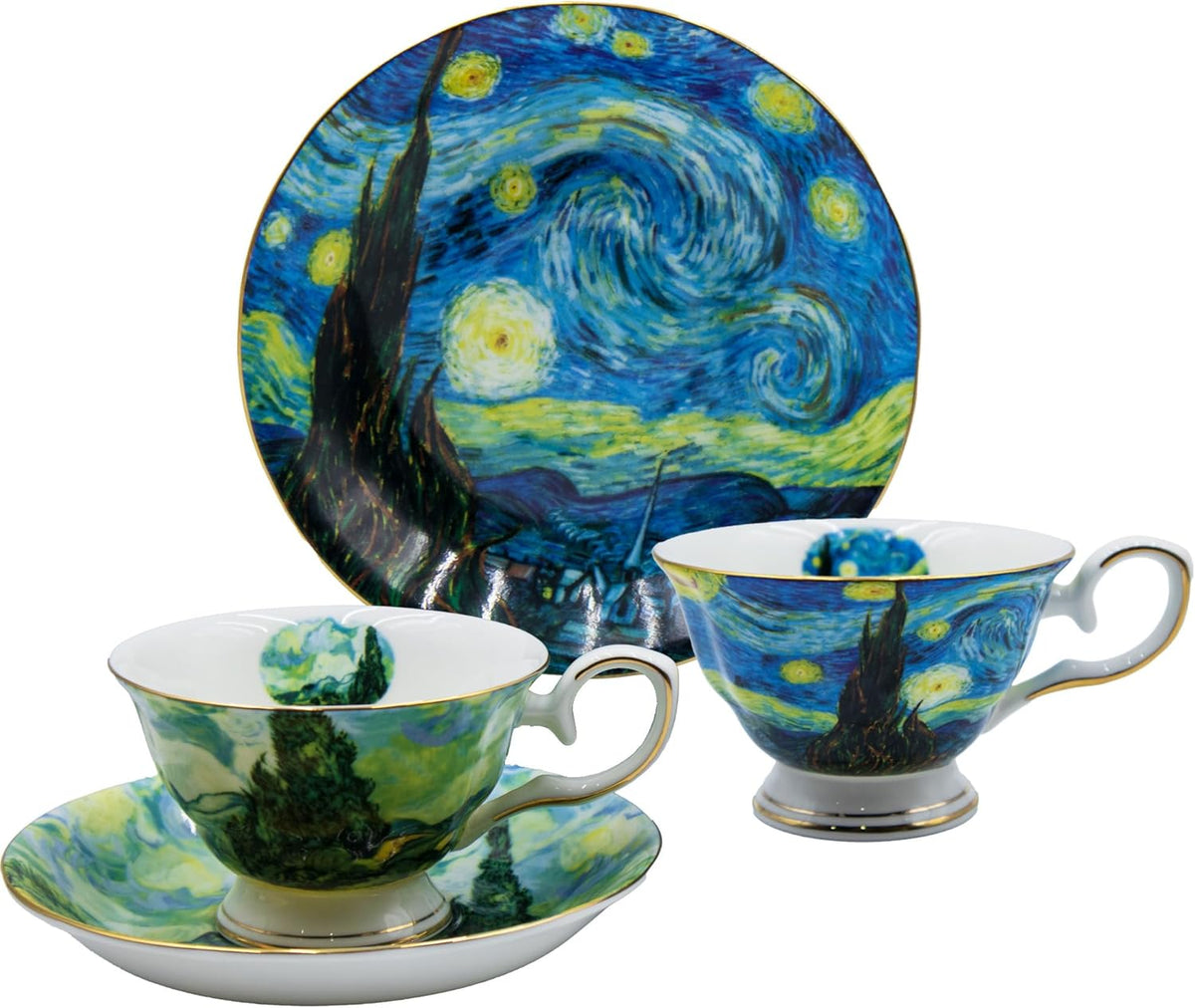 Floral Tea Cups Saucers Set of 2, Bone China 7 oz British Teacups Porcelain Coffee Cup for Rose Tea Cappuccino Espresso Latte (Starry Sky & Wheat Field)