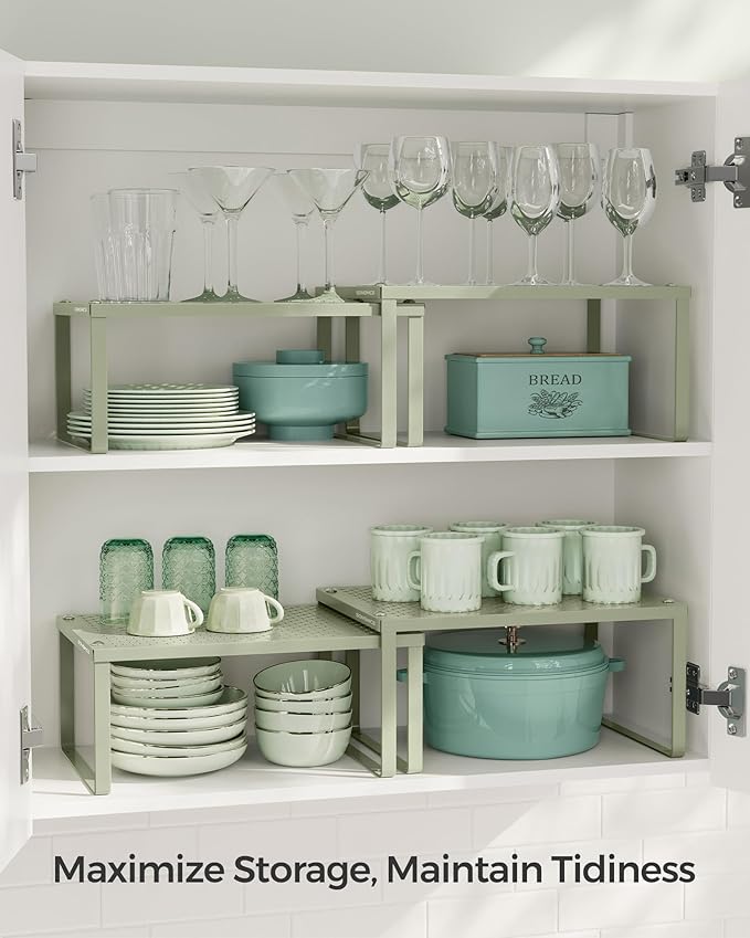 SONGMICS Spice Racks, Set of 2 Metal Cabinet Shelf Organizers, Countertop Organizers, Shelf Risers, Stackable, Expandable, Sage Green UKCS001C01