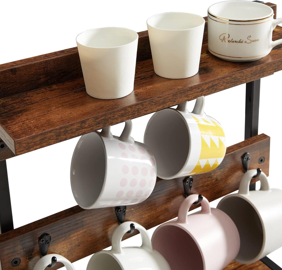 IBUYKE Rustic Coffee Mug Holder Stand, 2 Tier Countertop Mug Tree Holder Rack with Storage Base, Vintage Mug Holders for Kitchen, Holds 8 Mugs, Rustic Brown UTBJ002H