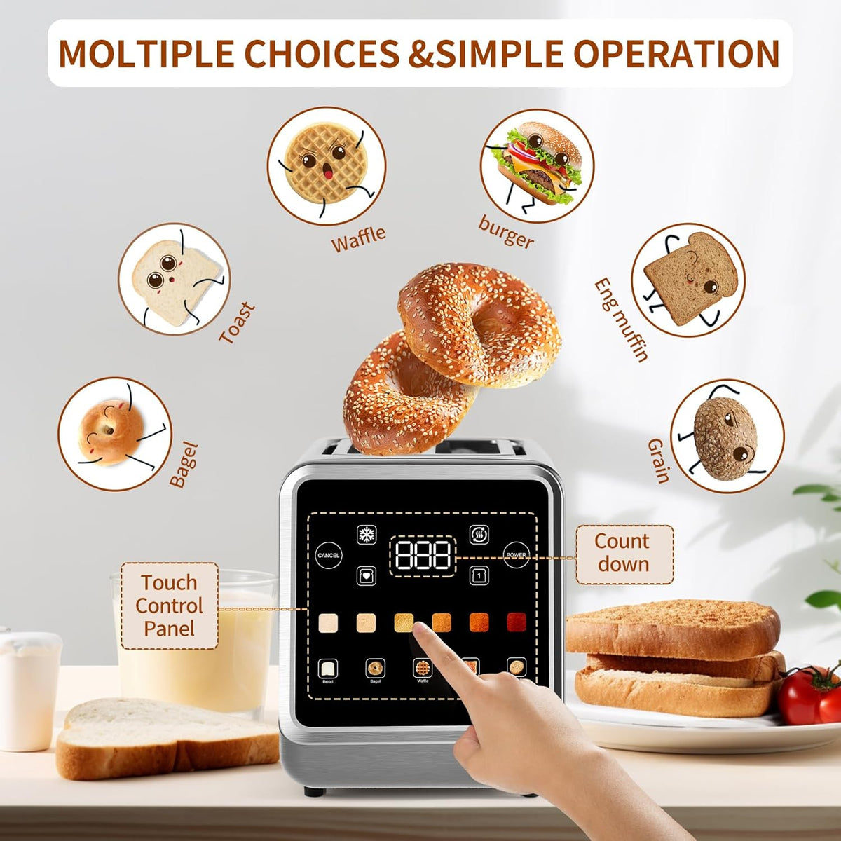 Toaster Touch Screen Toaster 2 Slice with LCD Display Stainless Steel Digital Timer Toasters 6 Bread Types& 6 Shade Settings Smart Extra Wide Slots Tostadora With Bagel Cancel,Defrost Functions