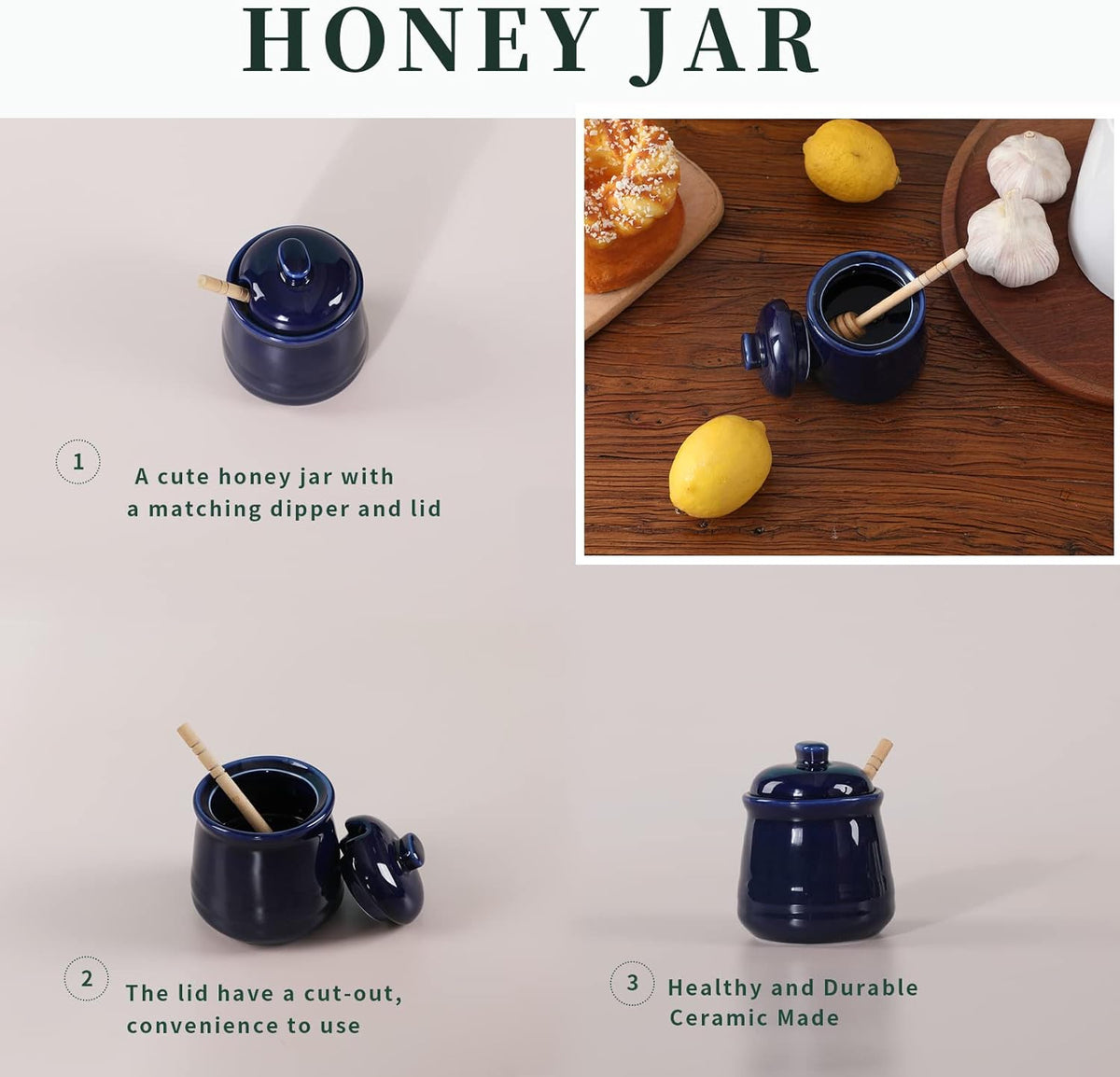 LEETOYI Porcelain Honey Jar with Lid and Dipper,Ceramic Honey pot,12oz (Navy)