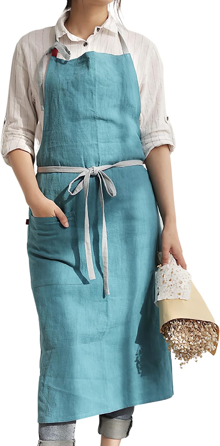 HANEE Kitchen Apron for Women & Men (9 Colors) Linen Cooking Aprons with pocket
