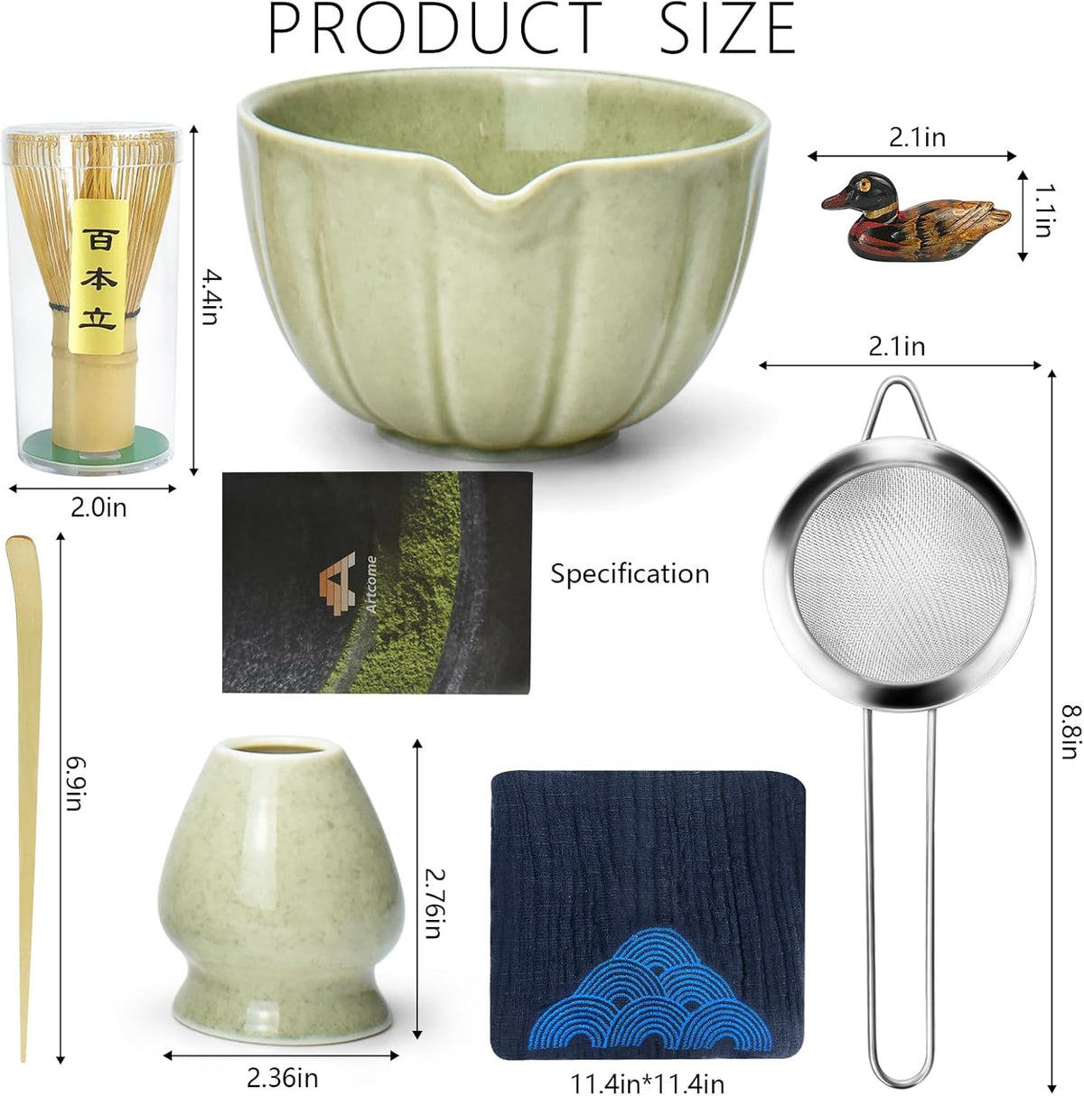 Artcome 7 Pcs Japanese Matcha Tea Set - Matcha Bowl with Pouring Spout, Matcha Whisk, Tea Scoop, Whisk Holder, Handmade Matcha Ceremony Kit For Japanese Tea Ceremony, Mottled Green