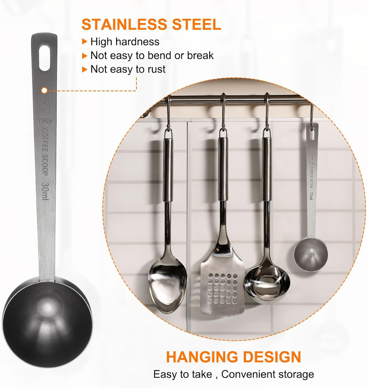 HARFINGTON 3pcs Coffee Scoop Spoon 2tbsp (6tsp, 30ml) 304 Stainless Steel Long Handle Teaspoon/Tablespoon Measuring Spoons Scoops for Tea Sugar Kitchen, Black
