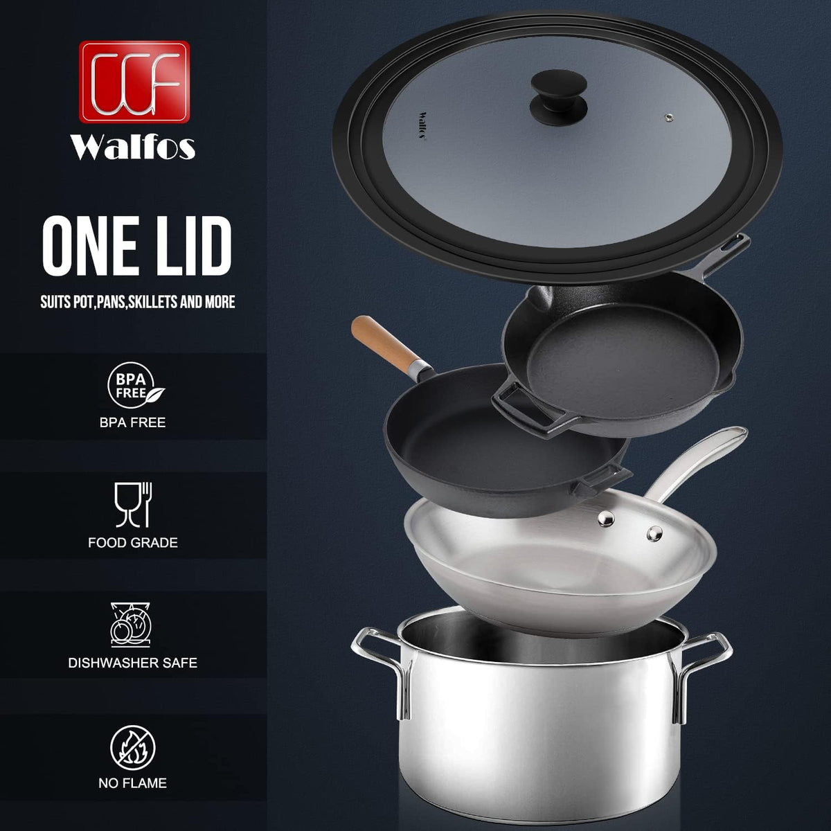 Walfos Universal Lid for Pots, Pans and Skillets - Tempered Glass with Heat Resistant Silicone Rim, Fits 13", 14" and 15" Diameter Cookware