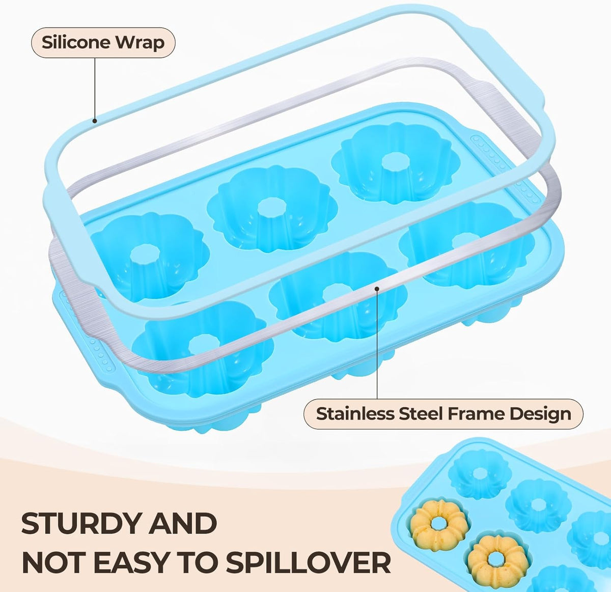 Mini Bundt Cake Pans for Baking, 2Pcs Silicone 6-Cavity Fluted Tube Cake Pan with Metal Reinforced Frame, Nonstick Baking Molds for Cupcake, Brownie, Donuts, Cornbread, Jello