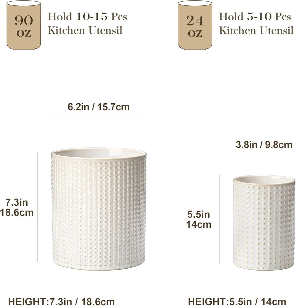 MALACASA LYDIA Ceramic Utensil Holders, 7.3"+5.5" Kitchen Utensil Crock Set for Countertop, Large & Small Utensil Organizers for Cooking Tools, Rhombus Pattern