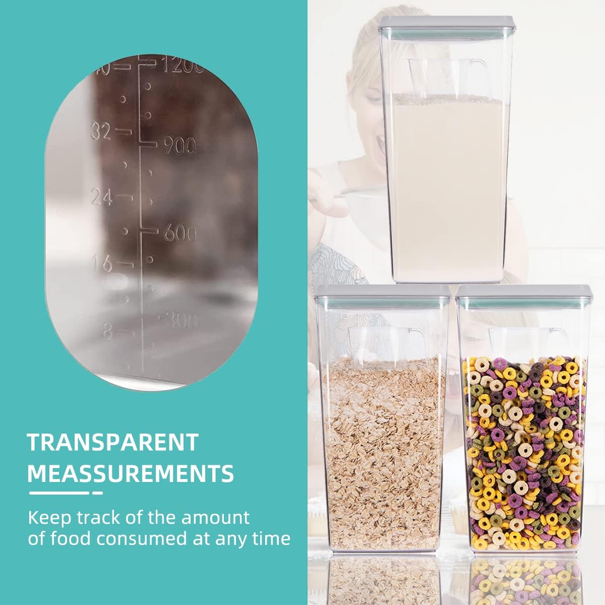 Ankou Airtight Pop Cereal Container, 3300ml Each Large Cereal Containers with Scoops Food Storage Canister Dispenser Perfect For Cereal Flour Spaghetti Rice Kitchen Organizing 3.5qt
