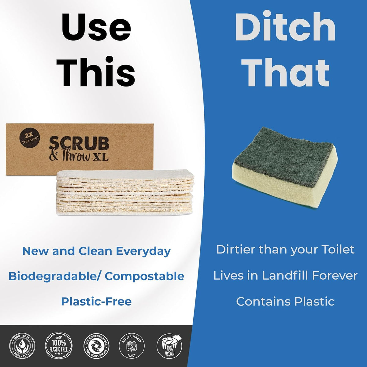 Scrub & Throw XL Scrub Sponges (Pack of 15), All-Purpose Household Natural Loofah Sponges, for Dishes, Cleaning, Non-Scratch