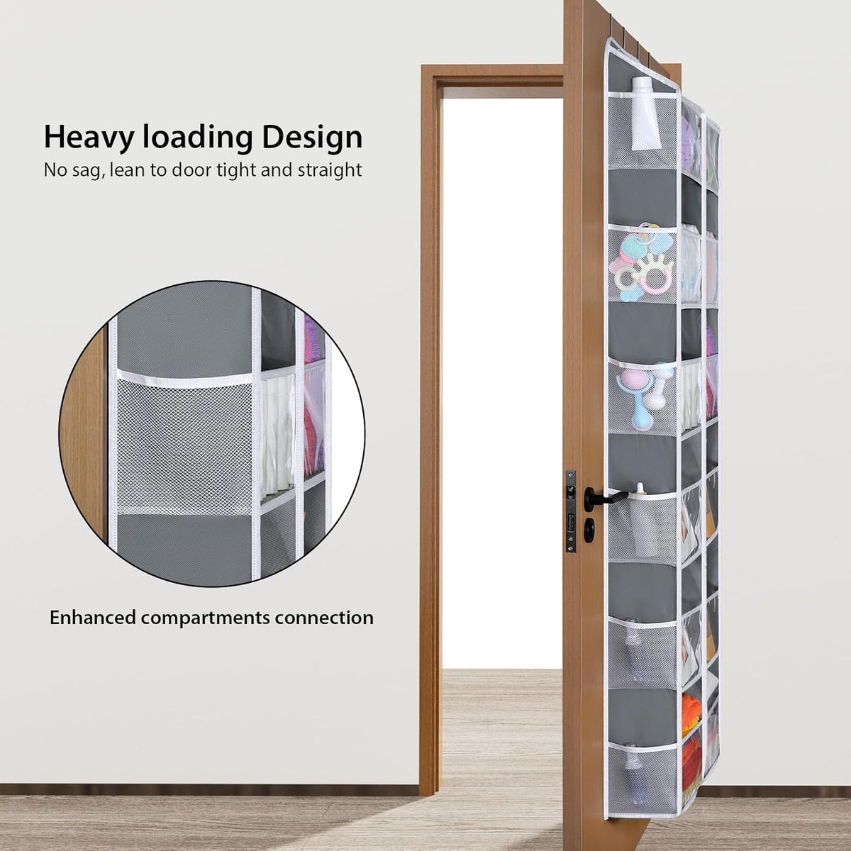 Univivi Over the Door Organizer, 6 Tiers Behind Door Storage with Clear Deep Pockets Hanging Organizer for Closet, Bedroom, Nursery, Bathroom and Sundries (Grey)