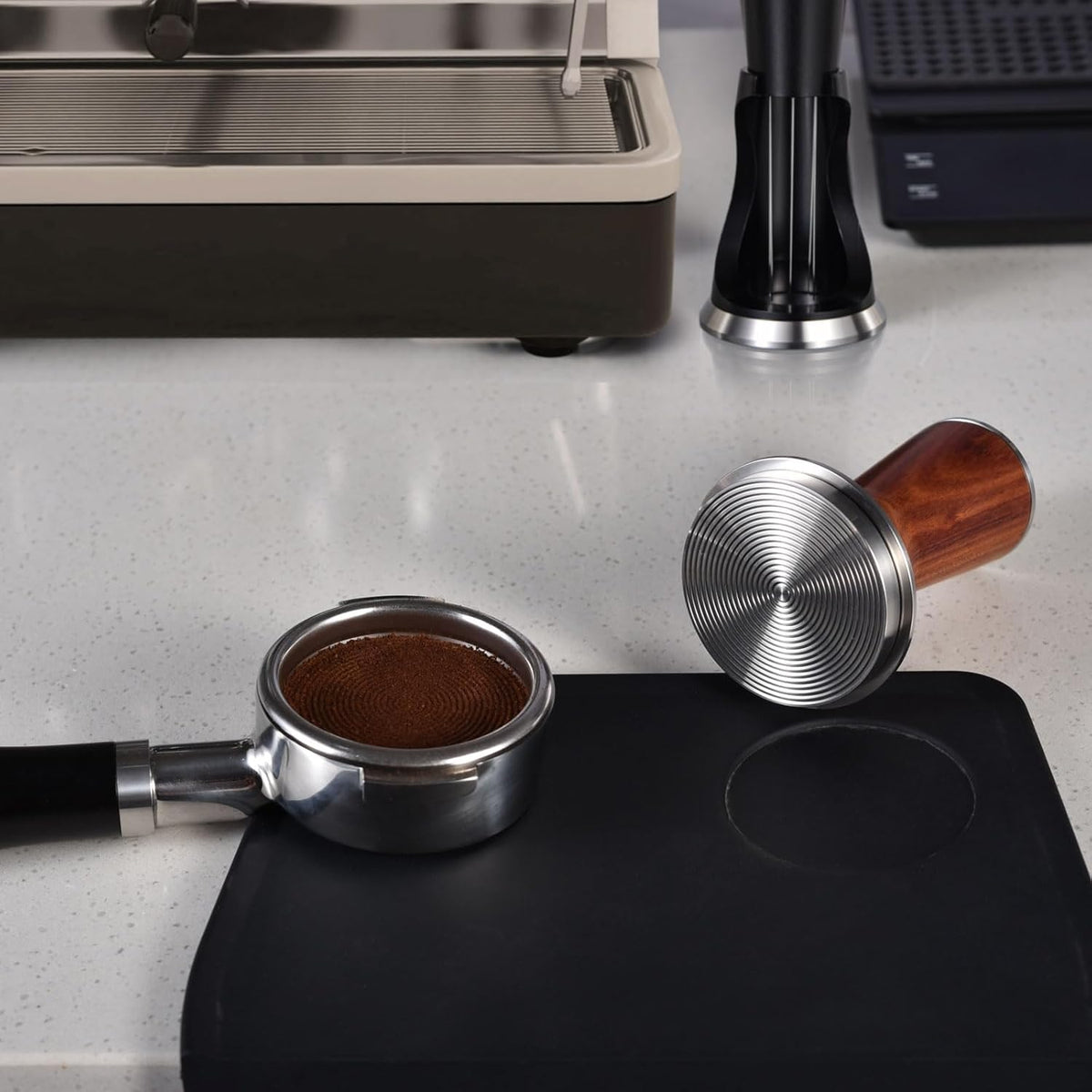 58.5mm Espresso Hand Tamper, Dual Calibrated Spring Loaded Coffee Tamper with Stainless Steel Ripple Base, Pro-barista 30lbs Espresso Tamper with Red Rosewood Handle Fits 58mm Portafilter