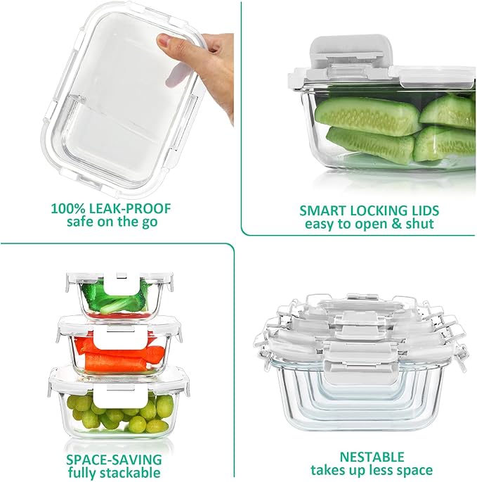 KOMUEE 24 Pieces Glass Food Storage Containers Set,Glass Meal Prep Containers-Stackable Airtight Glass Storage Containers with lids,Freezer, Microwave, Oven Safe,White