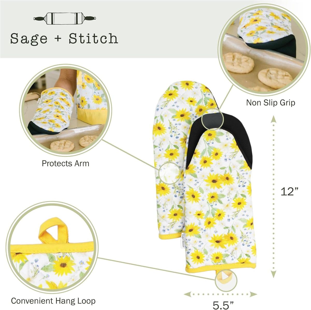 Heat Resistant Designer Kitchen Oven Mitts with Neoprene Non-Slip Grips and Hanging Loops | Set of 2 100% Cotton Long Sleeve Kitchen Oven Mitts | 5.5" x 12" | Sun Flowers